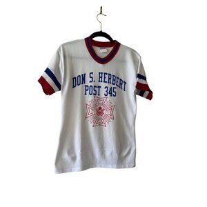 70s White Baseball Short Sleeve Ringer Tee Veterans Of Foreign Wars Athletic M